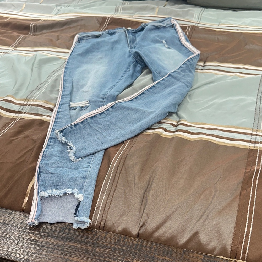 Women’s Light Blue Distressed Ankle Jeans with Side Stripe